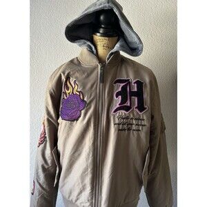 NWT Ring of Fire Men's Full Zip Hooded Patched Flight Jacket Brown Size Medium